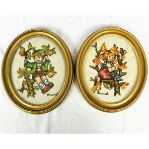 Vintage Set Of 2 Hummel Embroidered Crewel Framed Pictures Completed